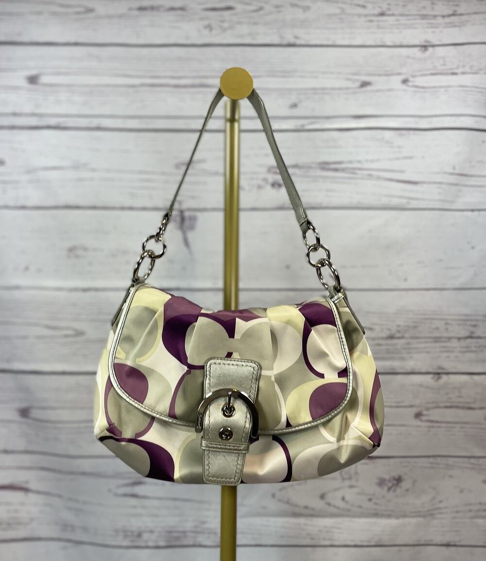 Coach Soho Signature Scarf Print Small Shoulder Bag Purple Silver Satin Handbag - Picture 1 of 13